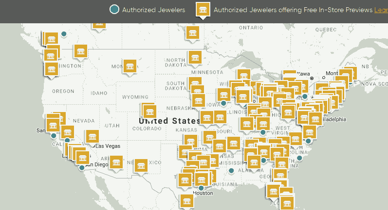 Map of United States showing dozens of authorized jewelers offering free instore previews.