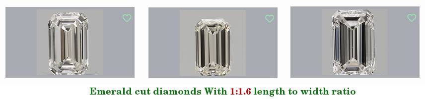 three emerald cut diamonds with a 1.6 length-to-width ratio